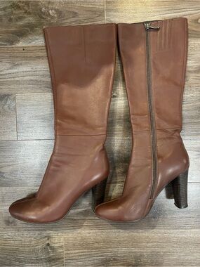 Tall Brown Leather High Heel Boots with Side Zip